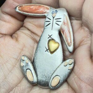 AJMC Bunny Brooch Easter Rabbit Pin Rhinestone Eyes Enamel 2”